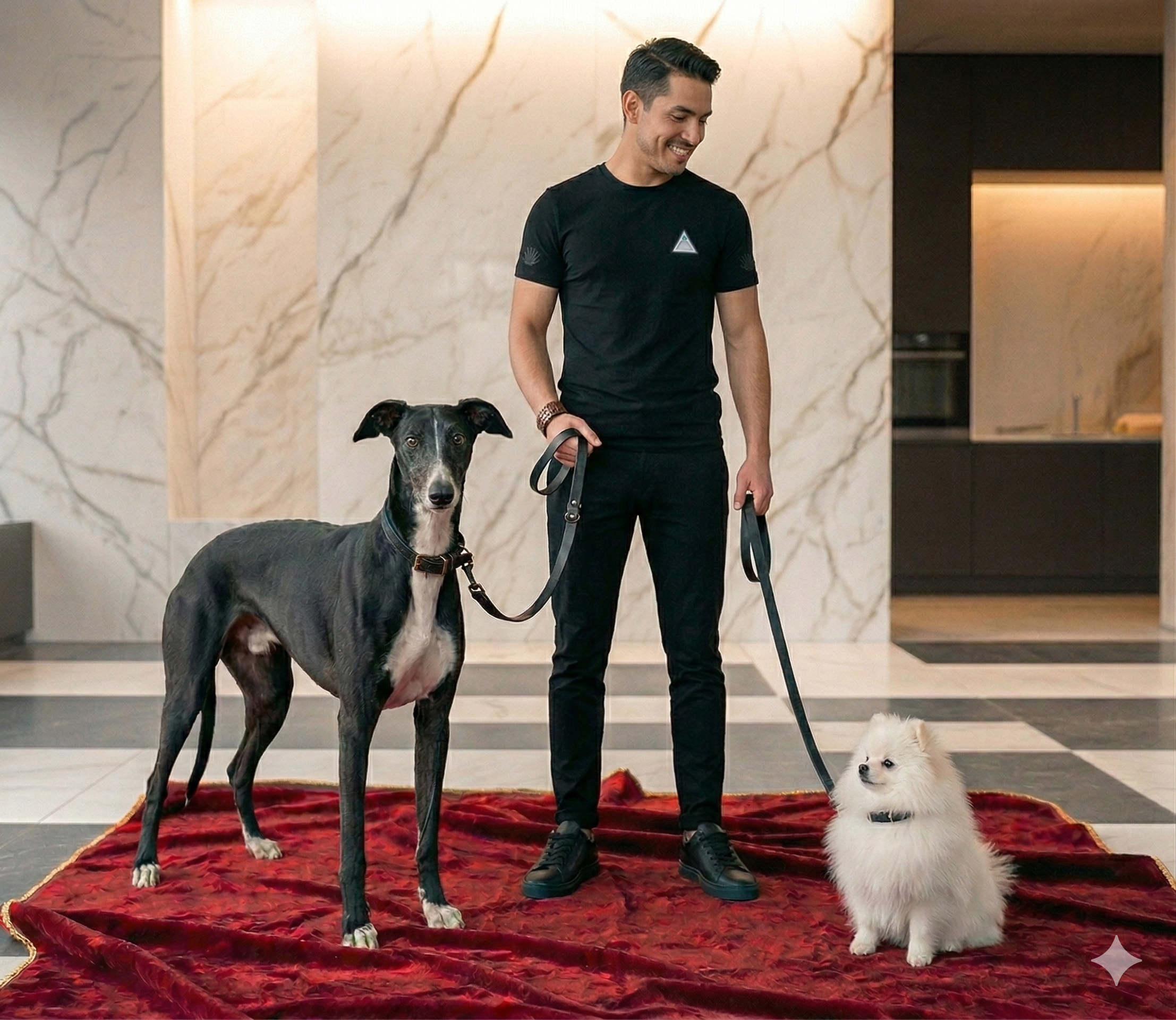 Un hombre sonriente de camiseta negra sostiene las correas de dos perros, uno grande y negro y otro pequeño y blanco, en un vestíbulo con paredes de mármol y alfombra roja.