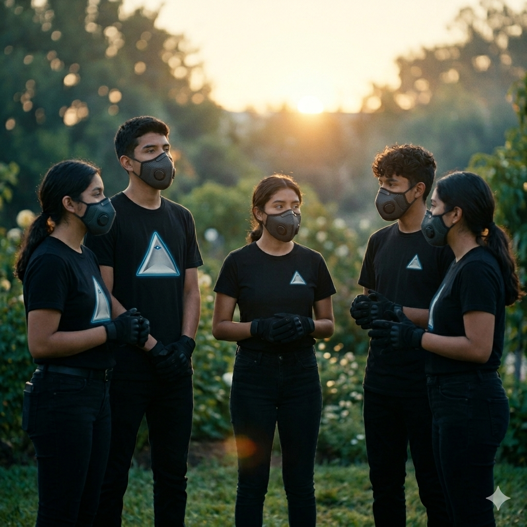 Cinco jóvenes reunidos en un campo al atardecer, usando mascarillas y ropa negra con un logotipo triangular, aparentemente en una actividad de equipo o protesta.