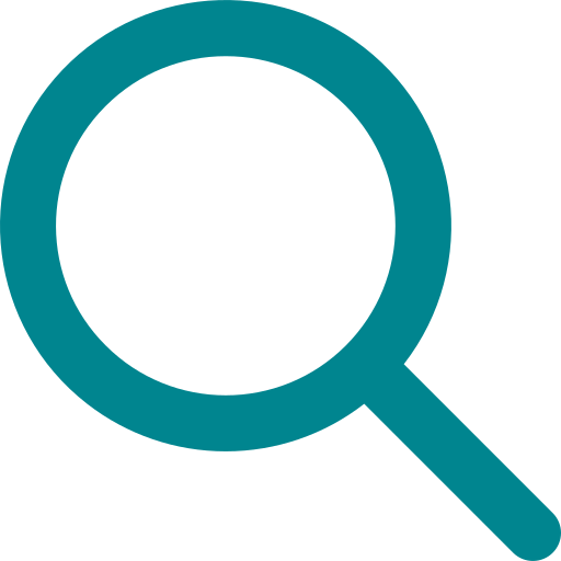 Stylized magnifying glass icon in teal color.