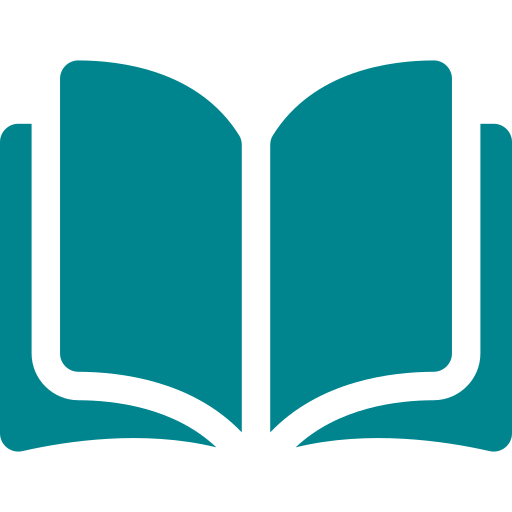 Icon of an open book with a teal background.