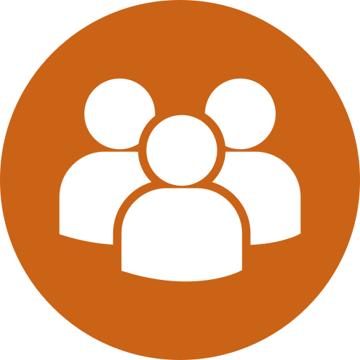 Icon of three white human silhouettes on a brown circular background, representing a group or team.