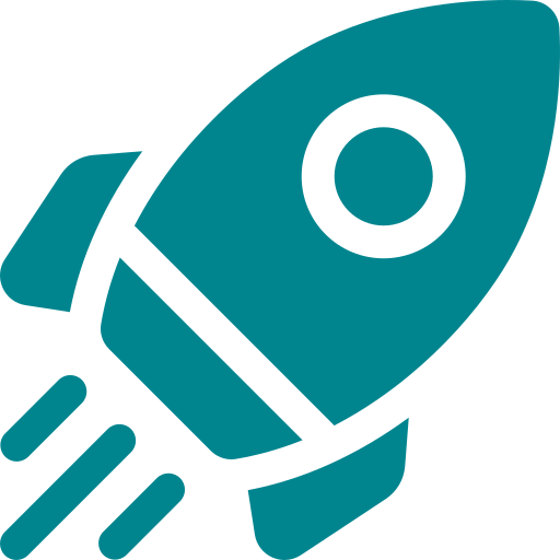 A teal and black icon of a rocket ship launching.