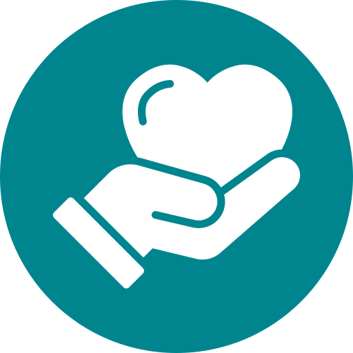Icon of a hand holding a heart inside a teal circle