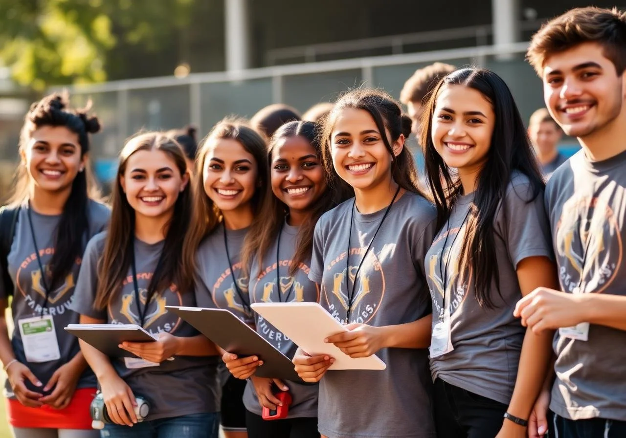Group of young smiling diverse students holding tablets and wearing matching gray T-shirts at outdoor event.