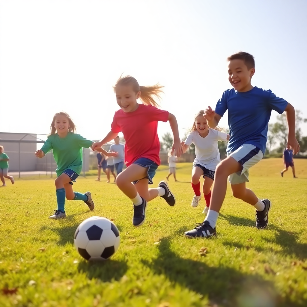 Children playing soccer outdoors on a sunny day, excited and running towards a soccer ball.