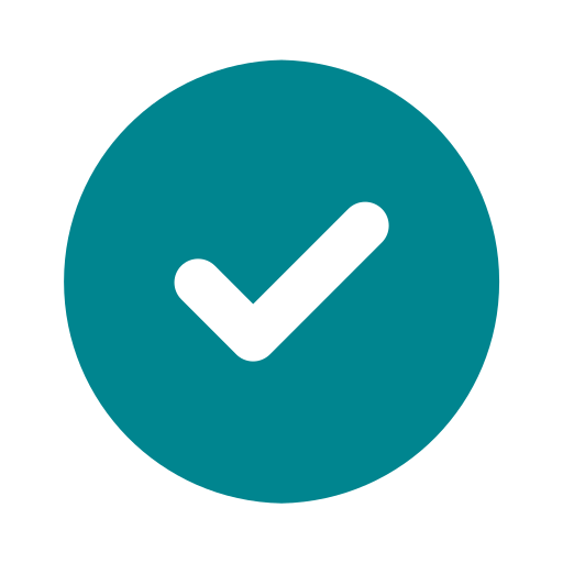 A teal circle with a black check mark inside.