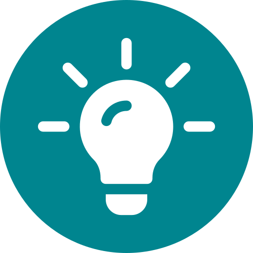 Icon of a light bulb with rays indicating illumination, on a teal circular background.