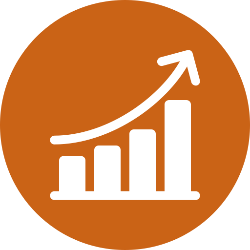 Orange circular icon with white upward-trending bar graph and arrow indicating growth or increase.