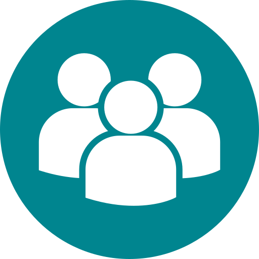 Icon of three white human figures representing a group on a teal circular background.