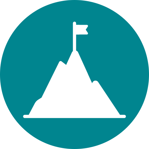 Icon of a mountain peak with a flag at the summit inside a teal circle.
