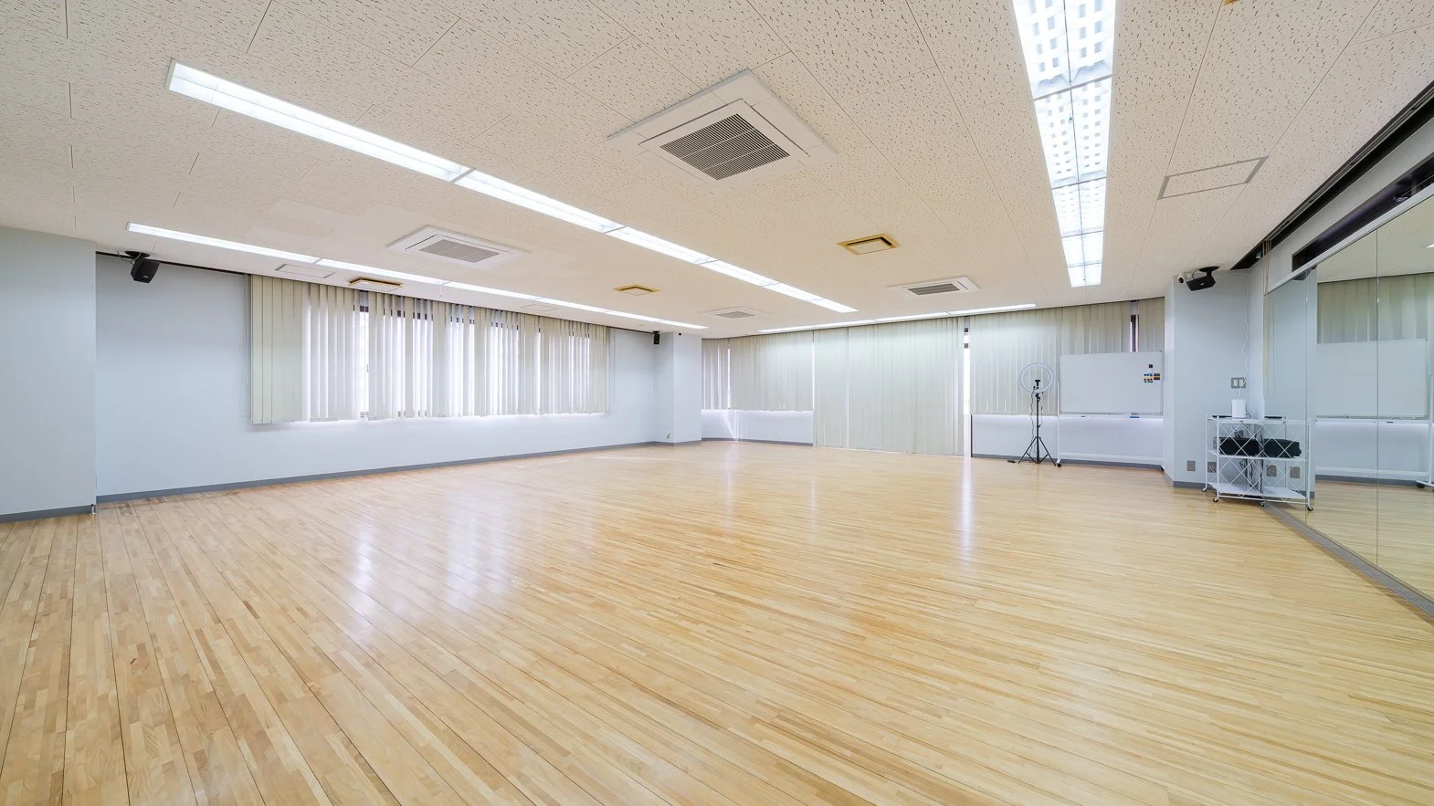 Empty dance or yoga studio with hardwood floors, white walls, large windows with vertical blinds, ceiling lights, and mirrors on one wall.