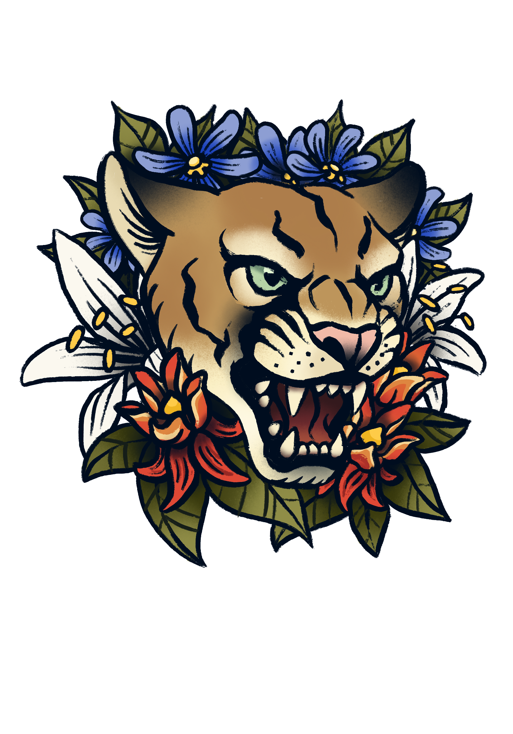 Tattoo-style illustration of a fierce florida panther head surrounded by flowers and leaves.