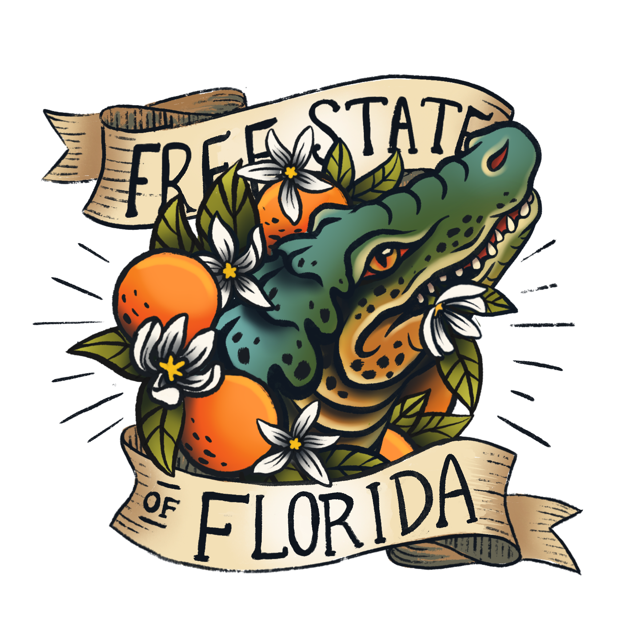 alligator and oranges with orange blossoms.