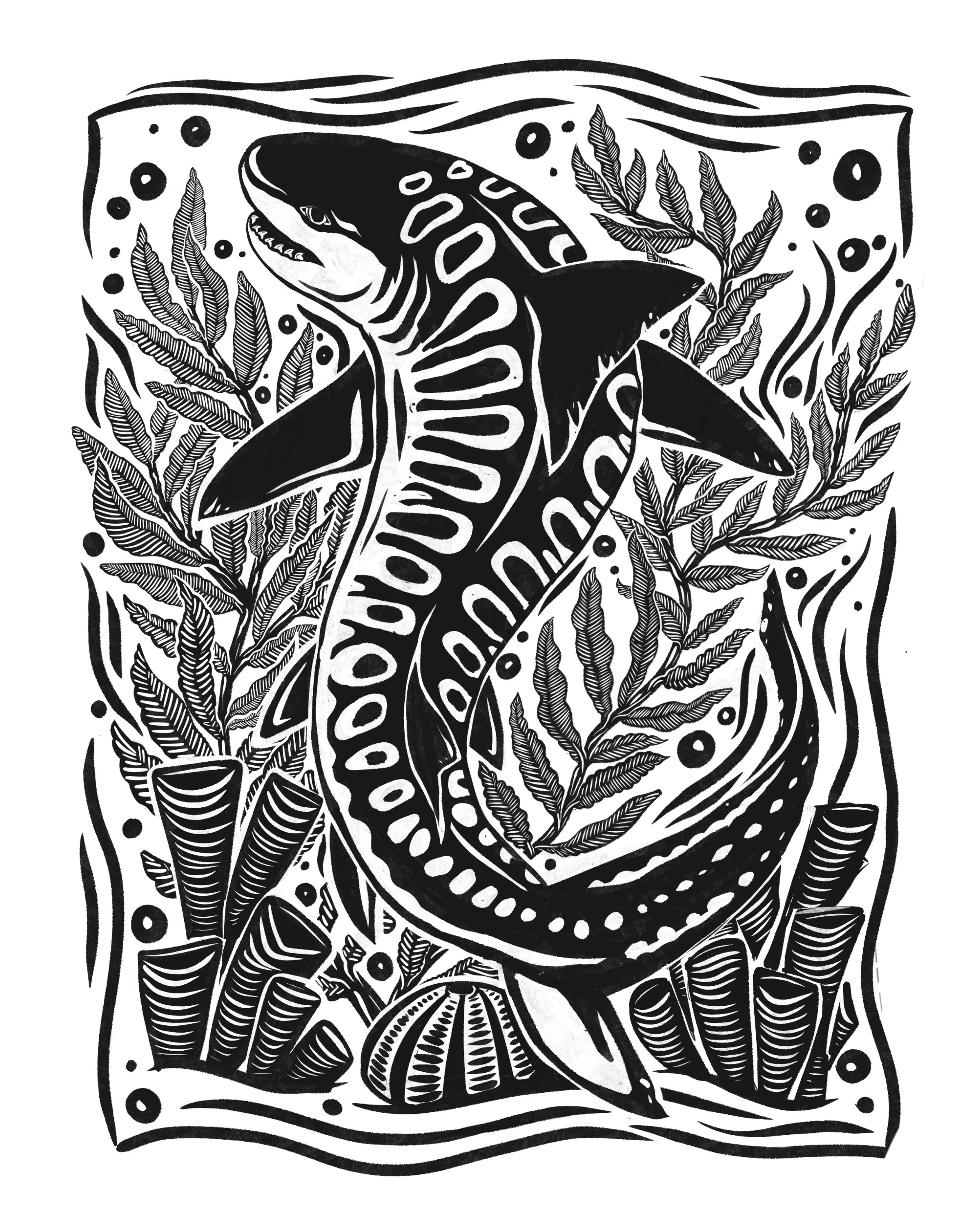 Black and white illustration of a tiger shark with patterns on its body and surrounding organic design elements.
