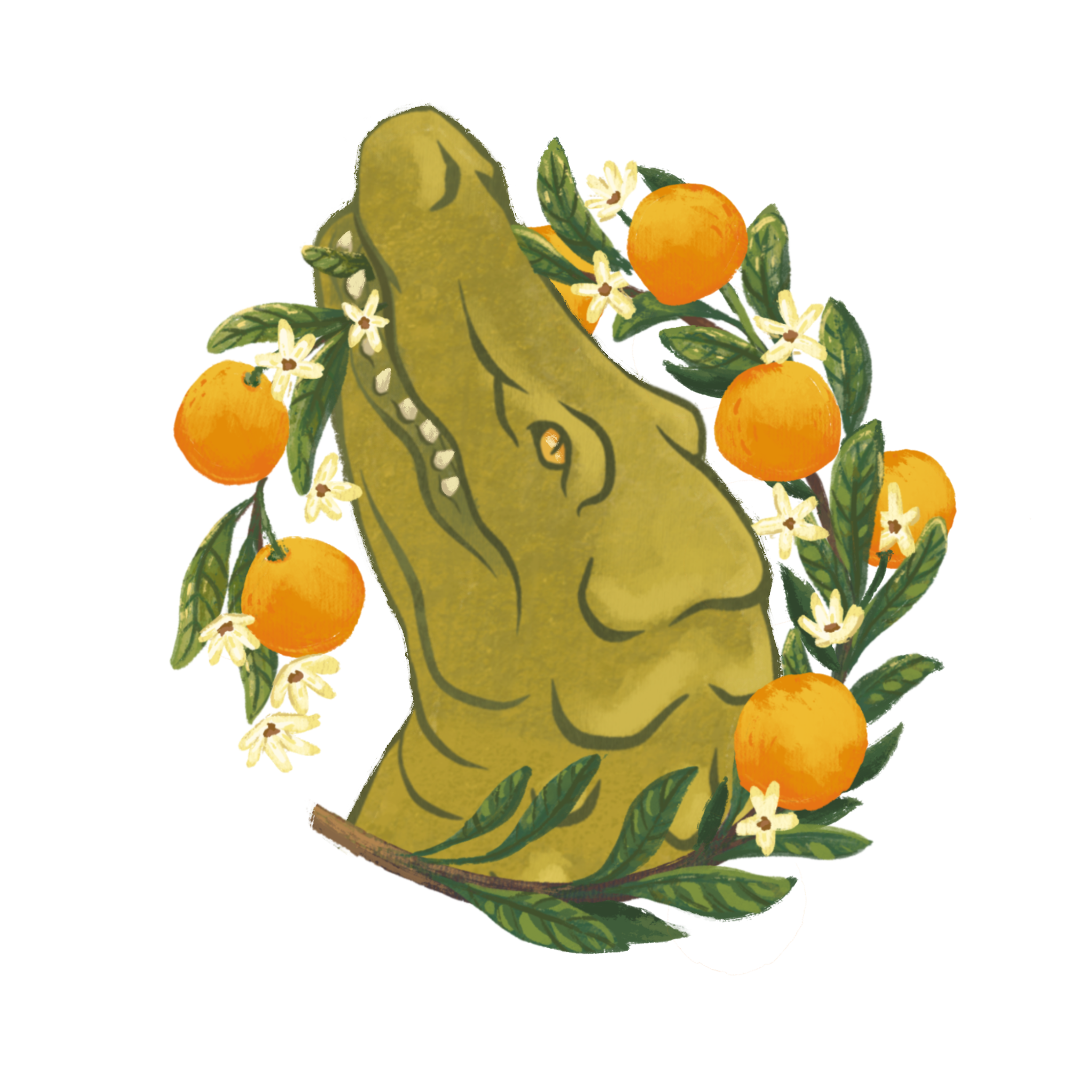 A stylized illustration featuring a large yellow-green alligator with orange and green fruit, white flowers with brown centers, and green leaves.