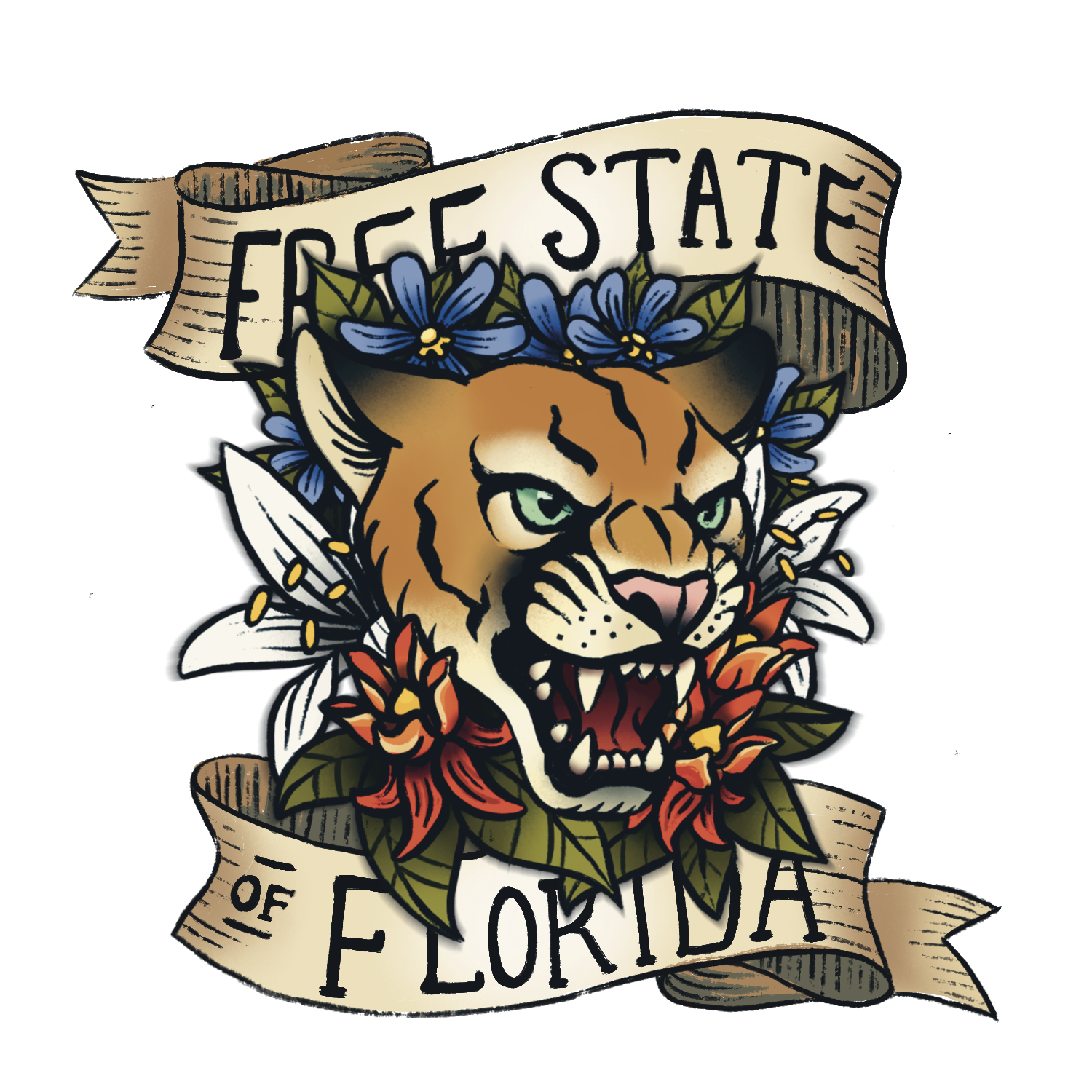 A tattoo-style illustration of a florida panther, surrounded by colorful flowers including lilies, with a banner above and below reading 'Free State of Florida'.
