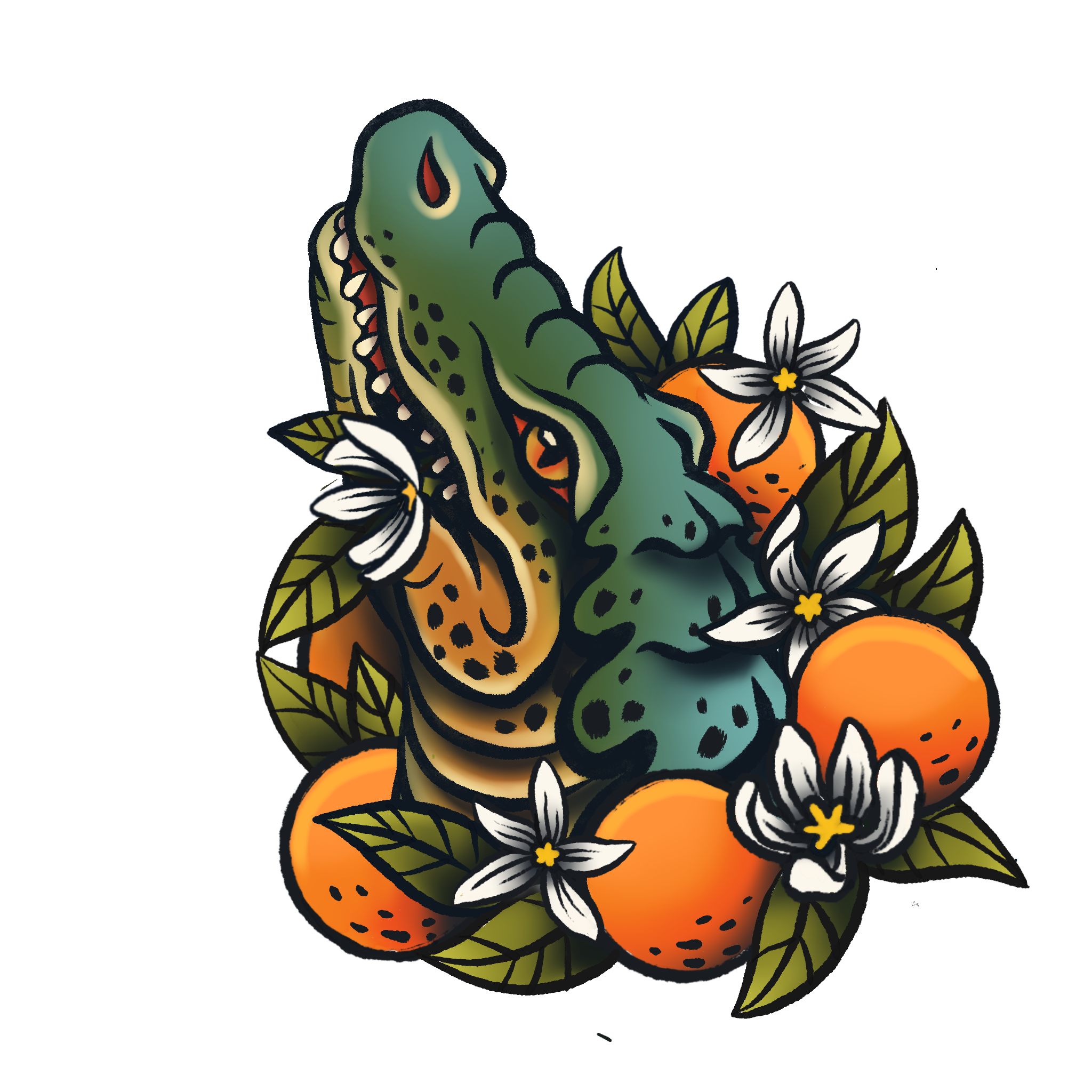 Colorful illustration of a crocodile surrounded by white flowers with yellow centers and green leaves, set against a black background.