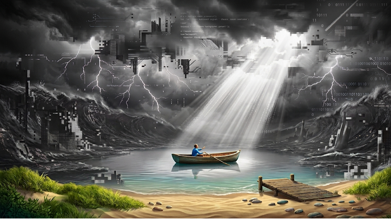 A surreal digital artwork showing a person in a small boat on calm water, surrounded by a dark, stormy digital landscape with lightning, pixelated cityscapes, and digital code, illuminated by sunlight streaming through storm clouds.