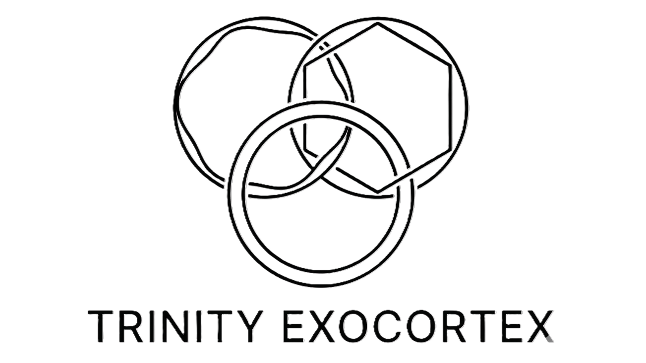 Black and white logo of three overlapping rings and a hexagon shape, with the text 'TRINITY EXOCORTEX' underneath.