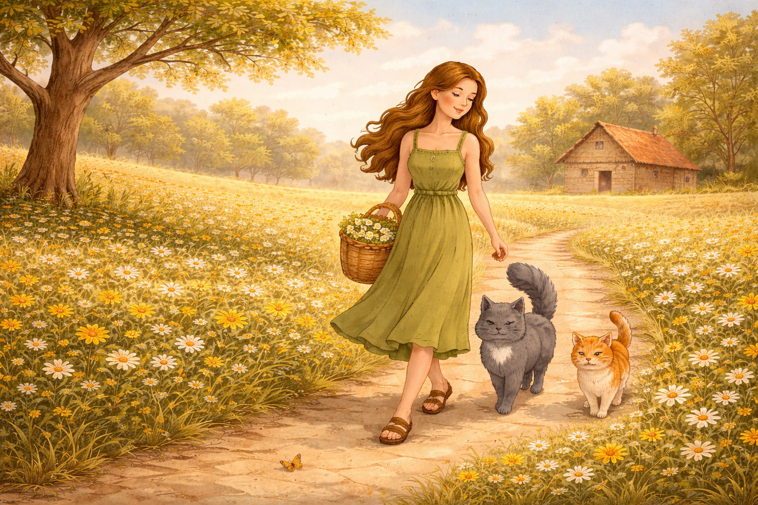 A young woman in a green dress walking on a dirt path through a field of daisies, carrying a basket of flowers, with two cats, one gray and one orange, walking beside her. There is a large tree on the left and a small house in the background under a partly cloudy sky.