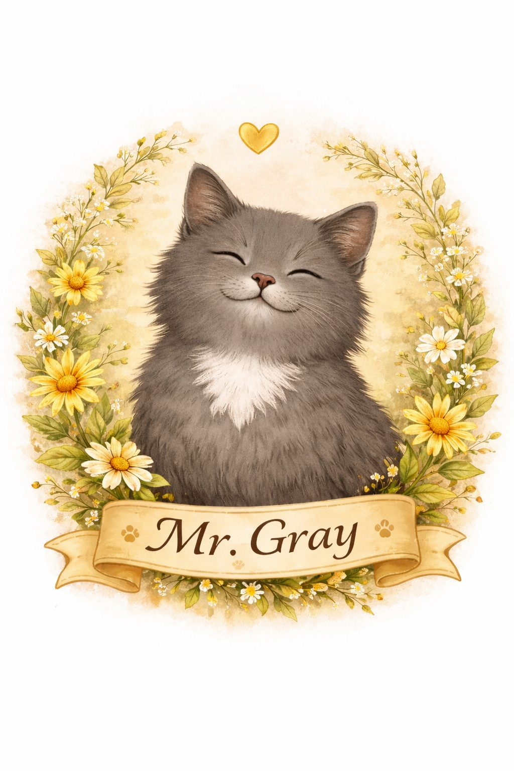 A cute illustration of a gray cat with a white chest, smiling with closed eyes, surrounded by a laurel of yellow and white flowers and a yellow heart above its head. A banner below reads 'Mr. Gray'.