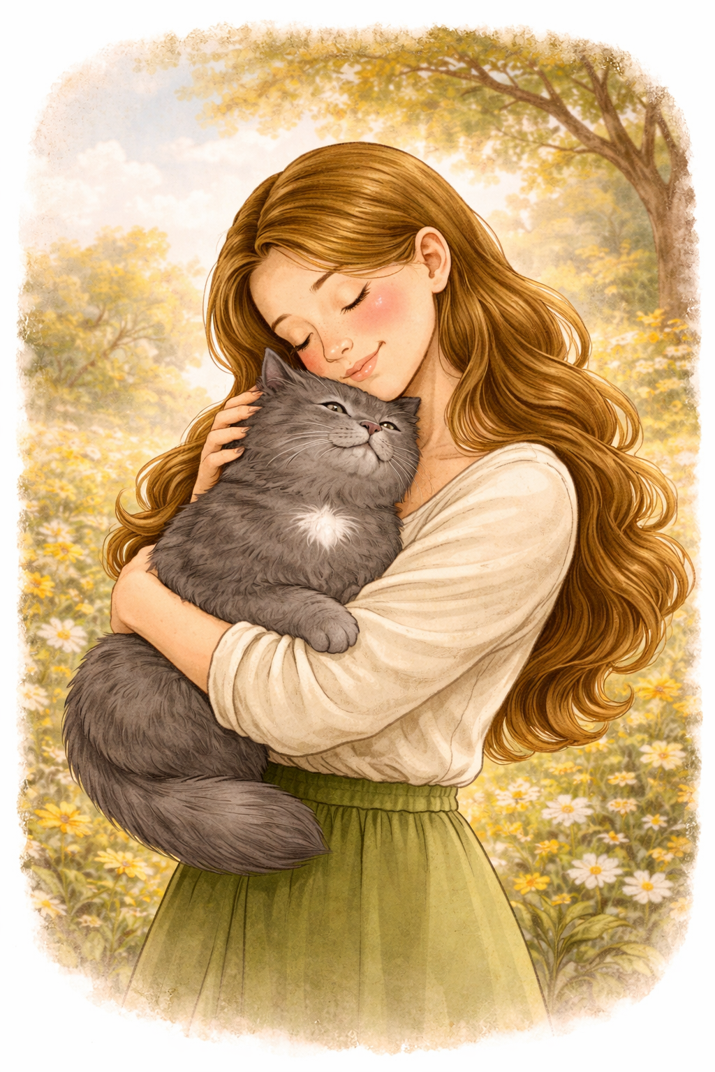 A young woman with long, wavy brown hair hugging a fluffy gray cat outdoors in a garden with yellow and white flowers and trees in the background.