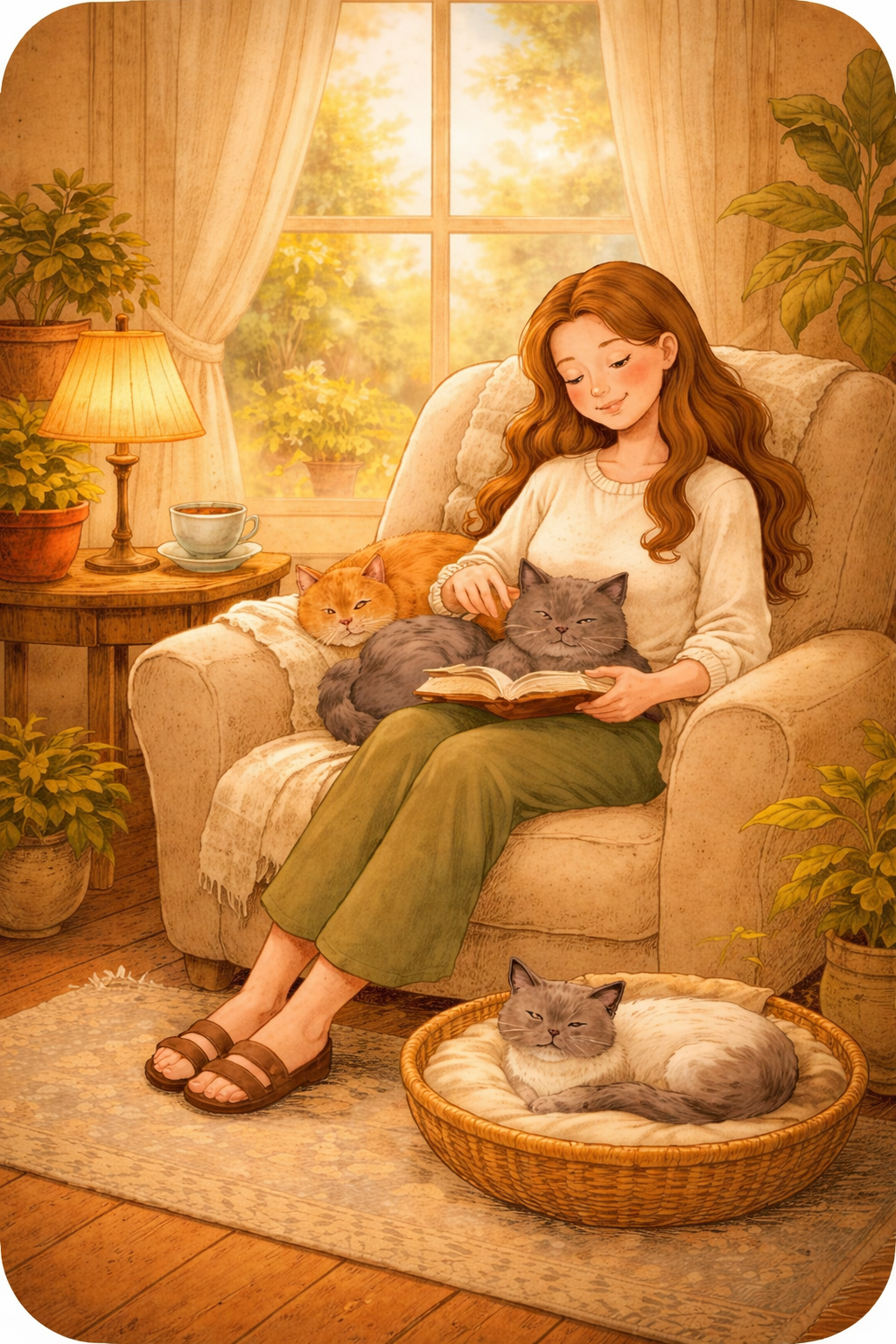 A woman with long wavy hair sitting in a cozy living room, reading a book, surrounded by five cats. One gray and white cat is in her lap, another gray cat is lying in a basket on the floor, and three cats are lounging on the sofa, one orange and two gray. The room is warmly lit with a lamp, potted plants, and a large window with curtains showing a sunny outdoor scene.