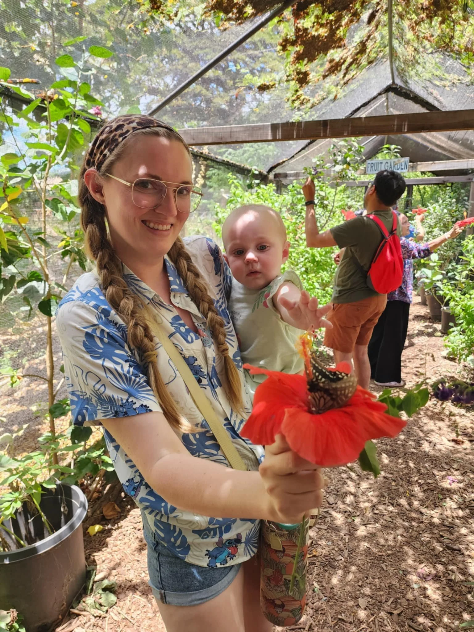A woman with braided hair and glasses holds a young child in a greenhouse, showing a butterfly on a red hibiscus flower. Several people are in the background, including a person taking photos and others looking at plants, with a sign that says 'Fruit