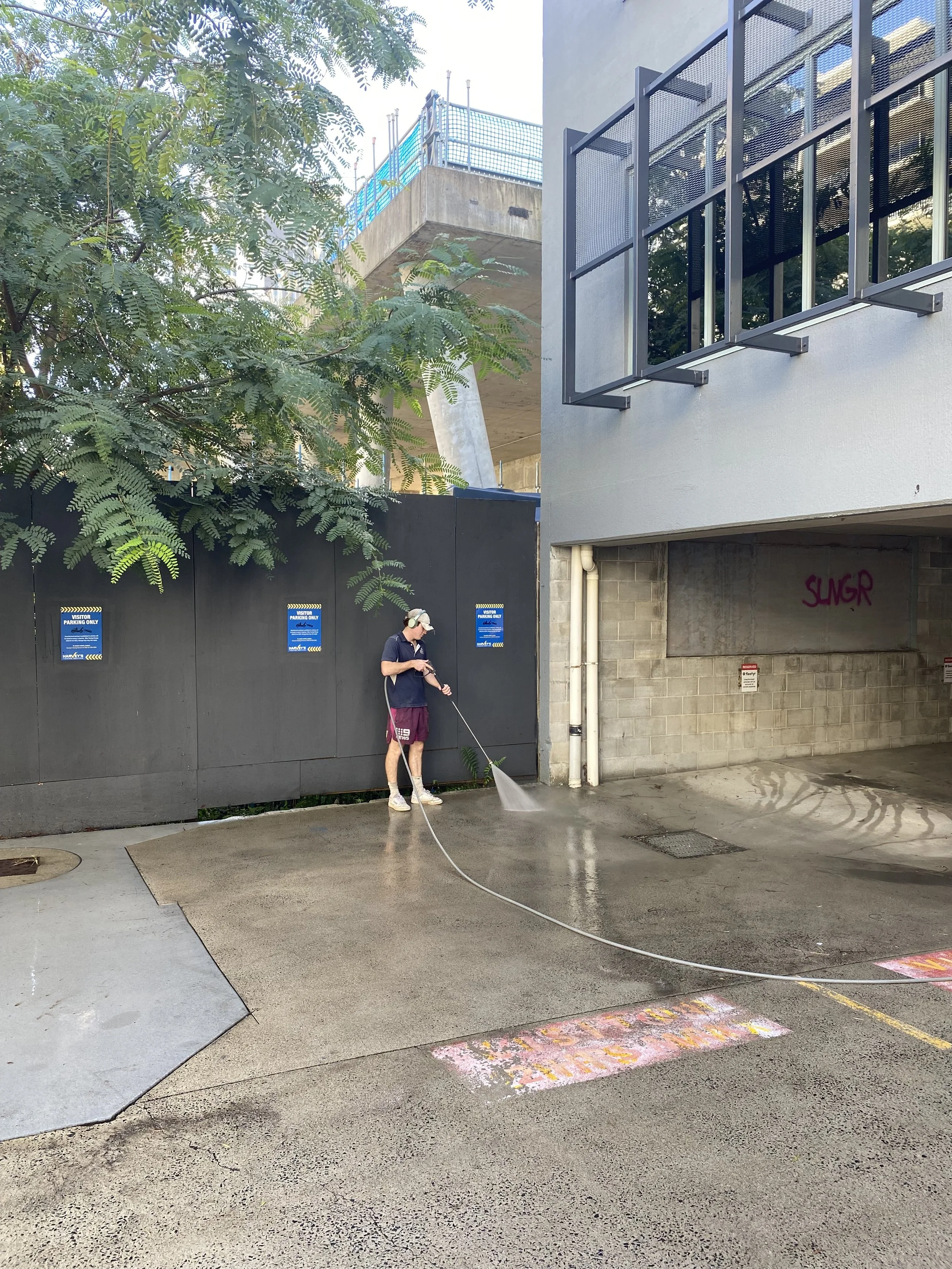 Exterior cleaning for offices, carparks, retail spaces, and mixed‑use buildings.