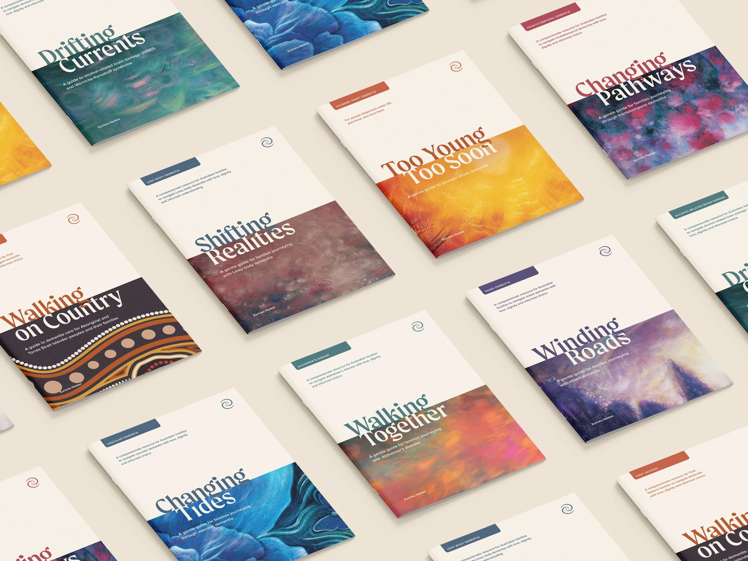 Walking Together series by Zuricka Hasker. Published by Tide & Times for families journeying through dementia. Books covers on isometric view.
