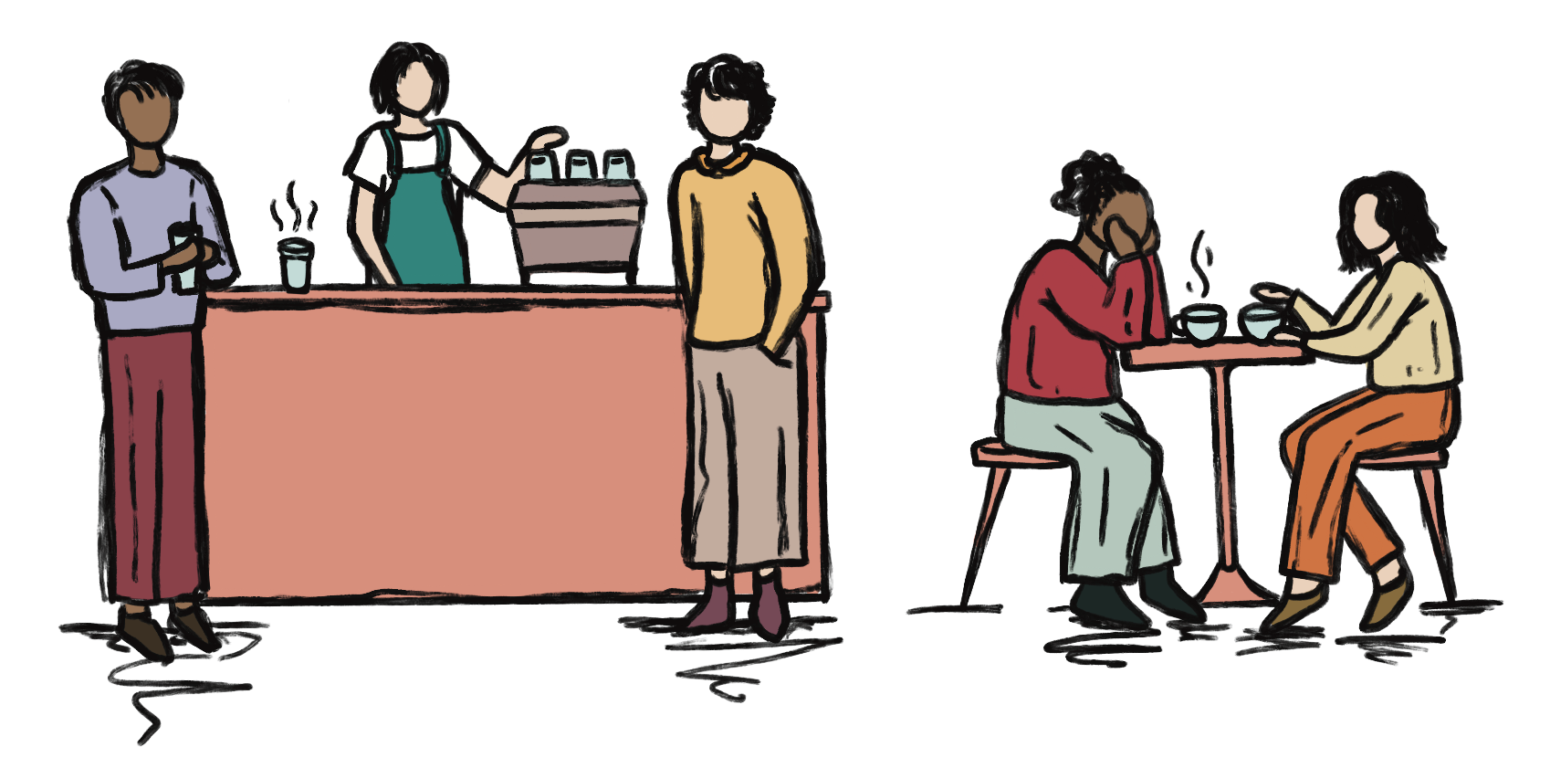 Illustration of the dementia-friendly Tide & Times café with two people seated at a table and two people standing near the counter. The barista is serving drinks behind the counter.