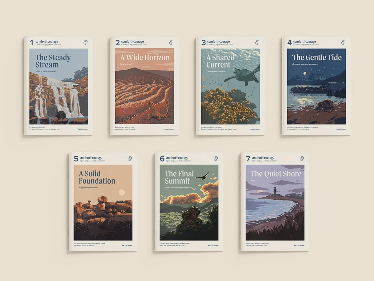 Front covers of the seven booklets from the Courage and Comfort series that discuss palliative care.