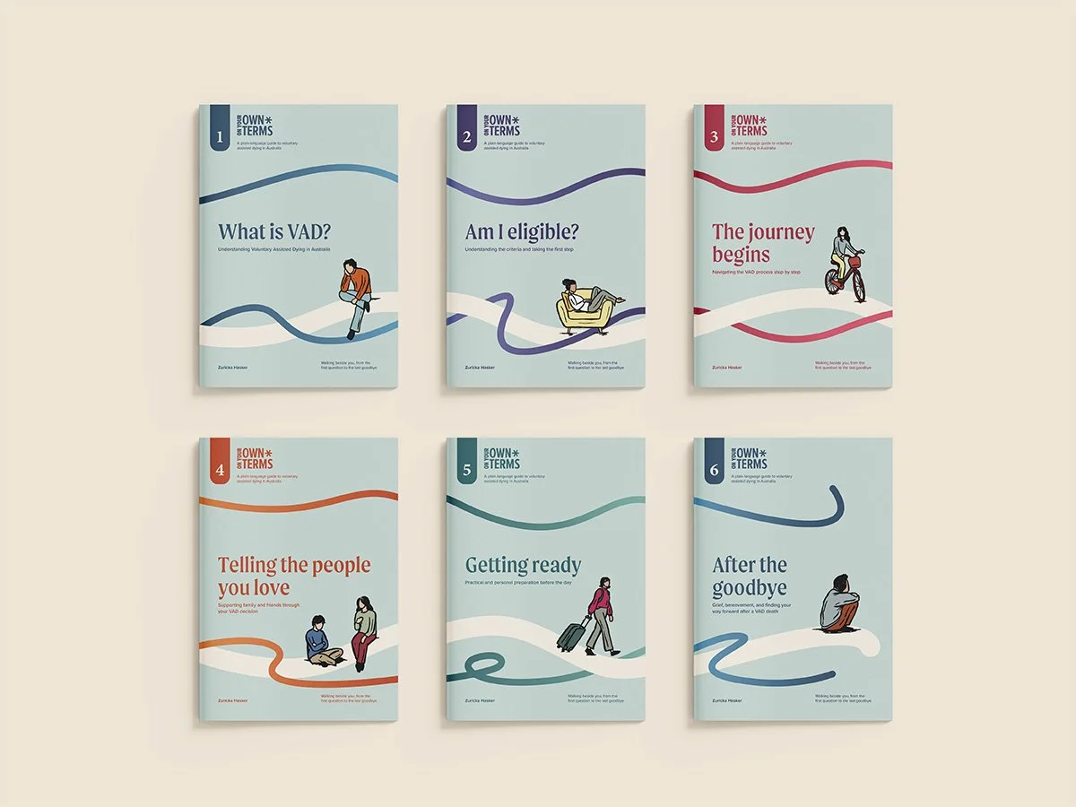 Front covers of the six booklets from the On Your Own Terms series that discuss voluntary assisted dying..