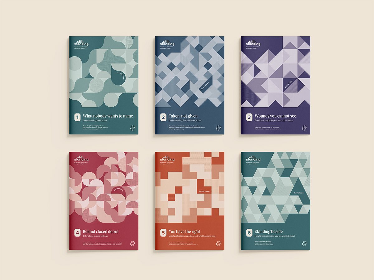 Front covers of the six booklets from the Still Standing series that discuss elder abuse.