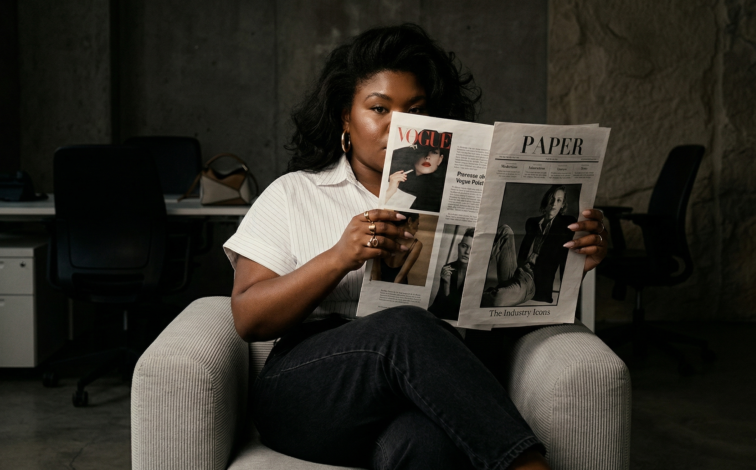 BLACK WOMAN SITTING IN OFFICE CHAIR LOOKING OVER PAPER