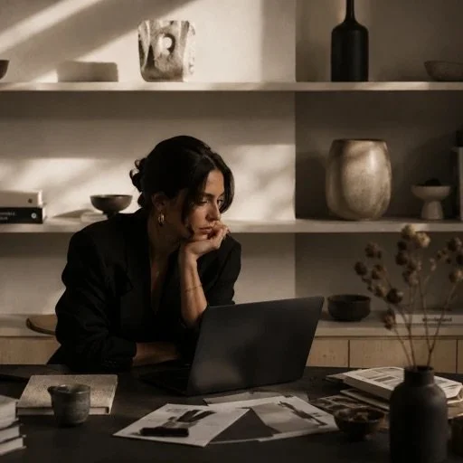 A woman works at a laptop in a dark, warm studio.