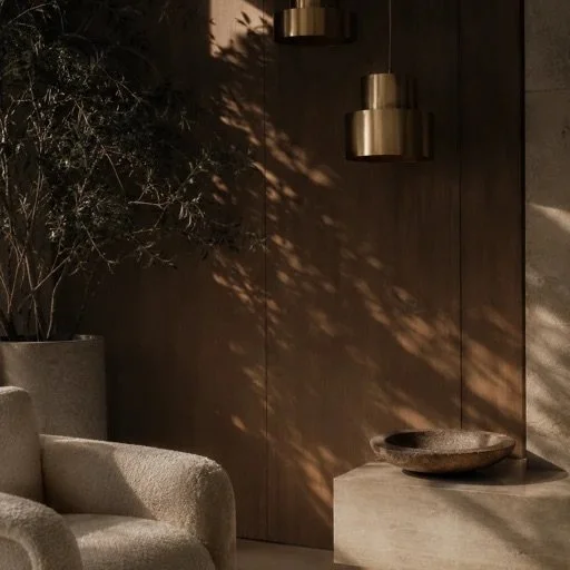 A boucle chair and stone side table in soft evening light.