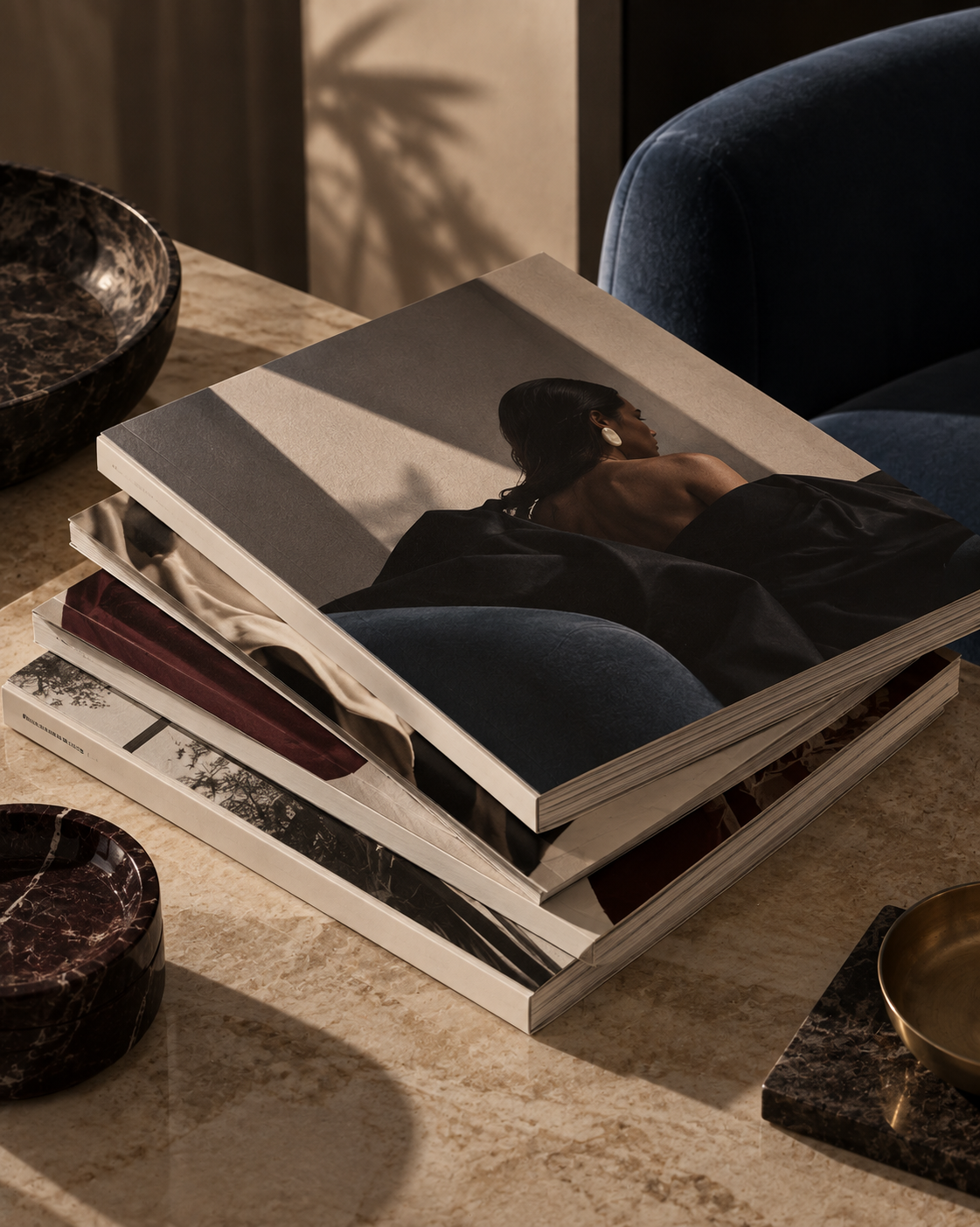 A stack of editorial magazines on a velvet chair.