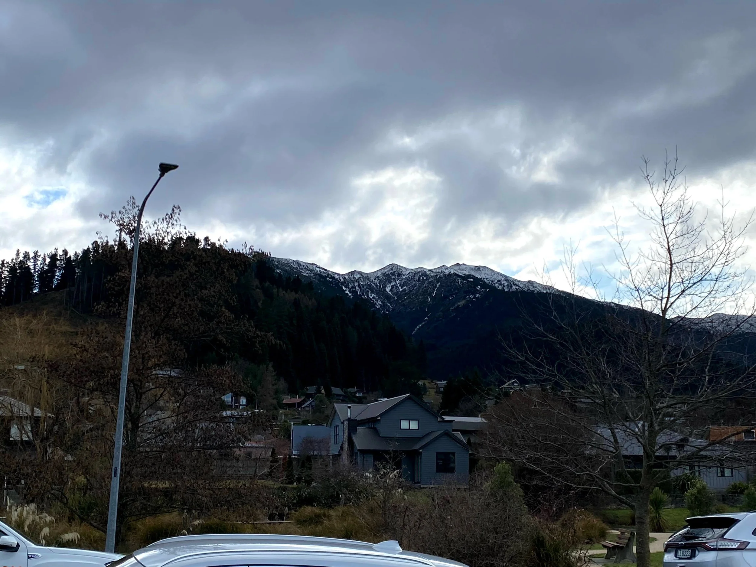 View of a mountain range with snow-capped peaks under a cloudy sky, residential houses in the foreground, leafless trees, and parked cars, with a streetlamp on the left.