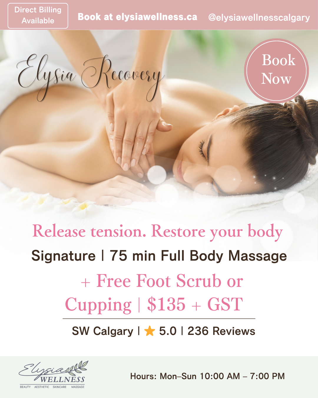 A woman receiving a massage on her back at a wellness center with soft lighting, promoting a full body massage package with free foot scrub or cupping, priced at $135 plus tax.