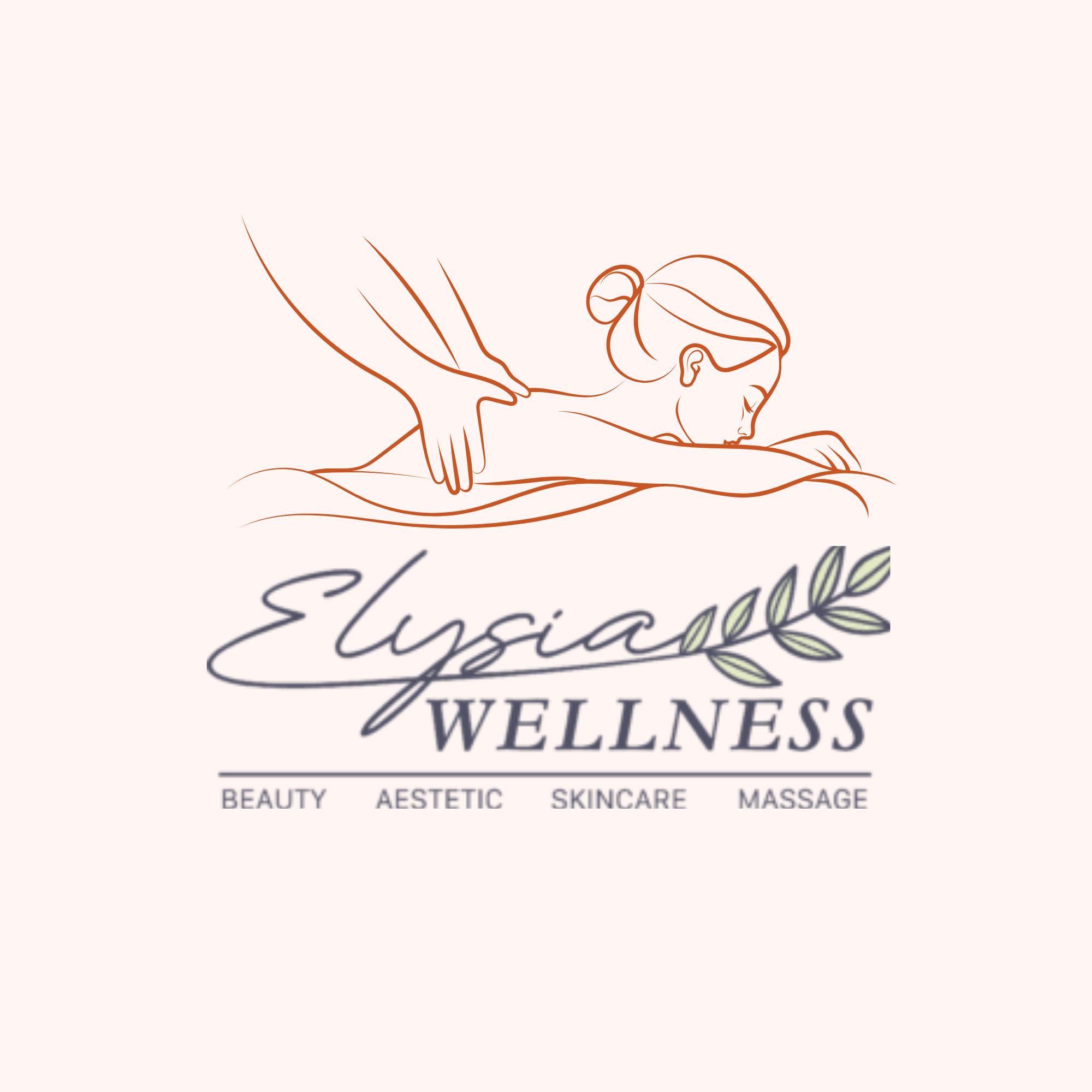 Logo for Elysian Wellness featuring a line drawing of a woman receiving a massage, with the brand name and categories: beauty, aesthetic, skincare, massage.