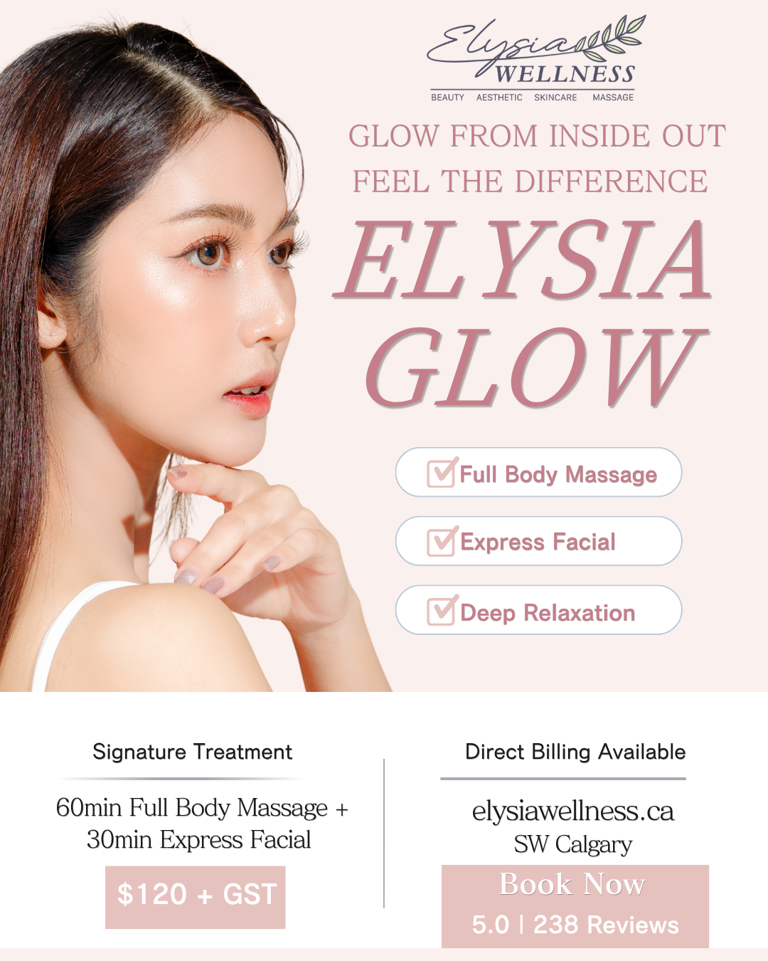 A woman with smooth, glowing skin gazing to the side, holding her hand near her chin, promoting Elysia Wellness skincare and massage services, with text details about treatments and pricing.