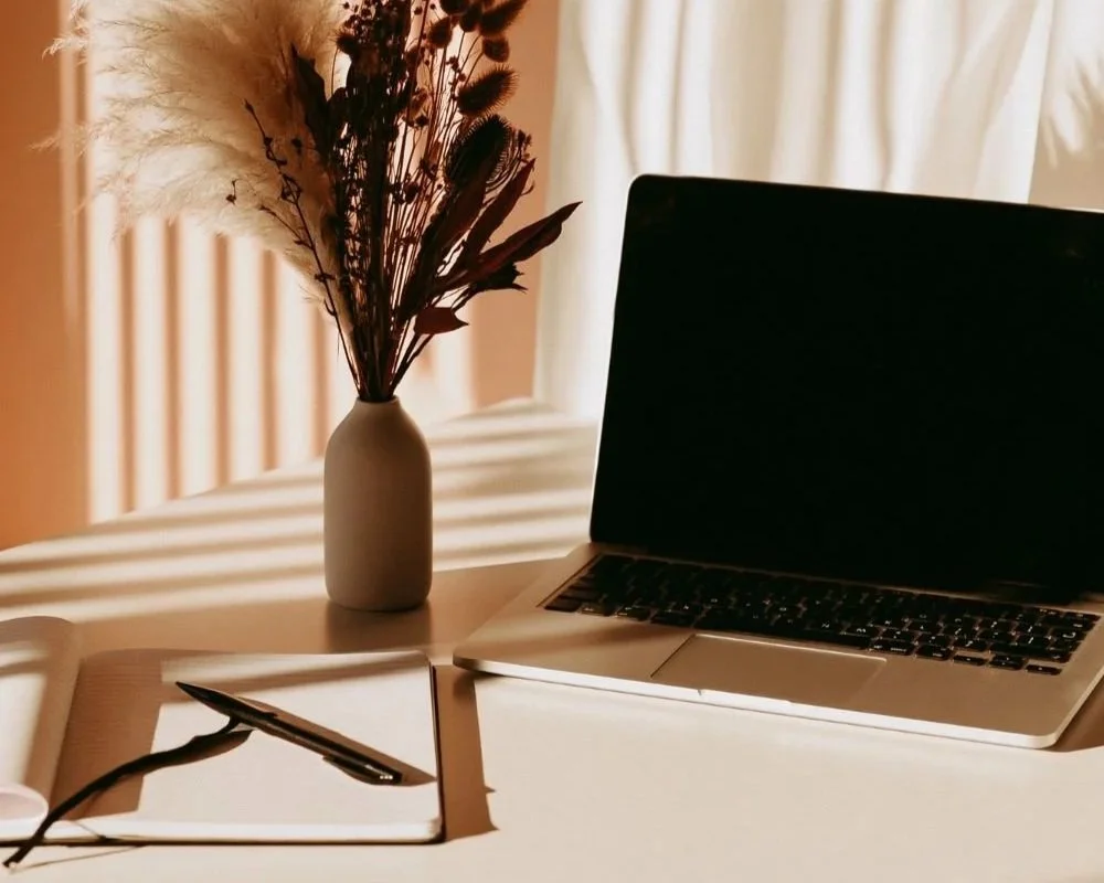 A serene desk setup with a single open laptop, a small vase of dried botanicals, a notebook and pen, warm neutral tones, natural daylight, clean and uncluttered, soft focus background