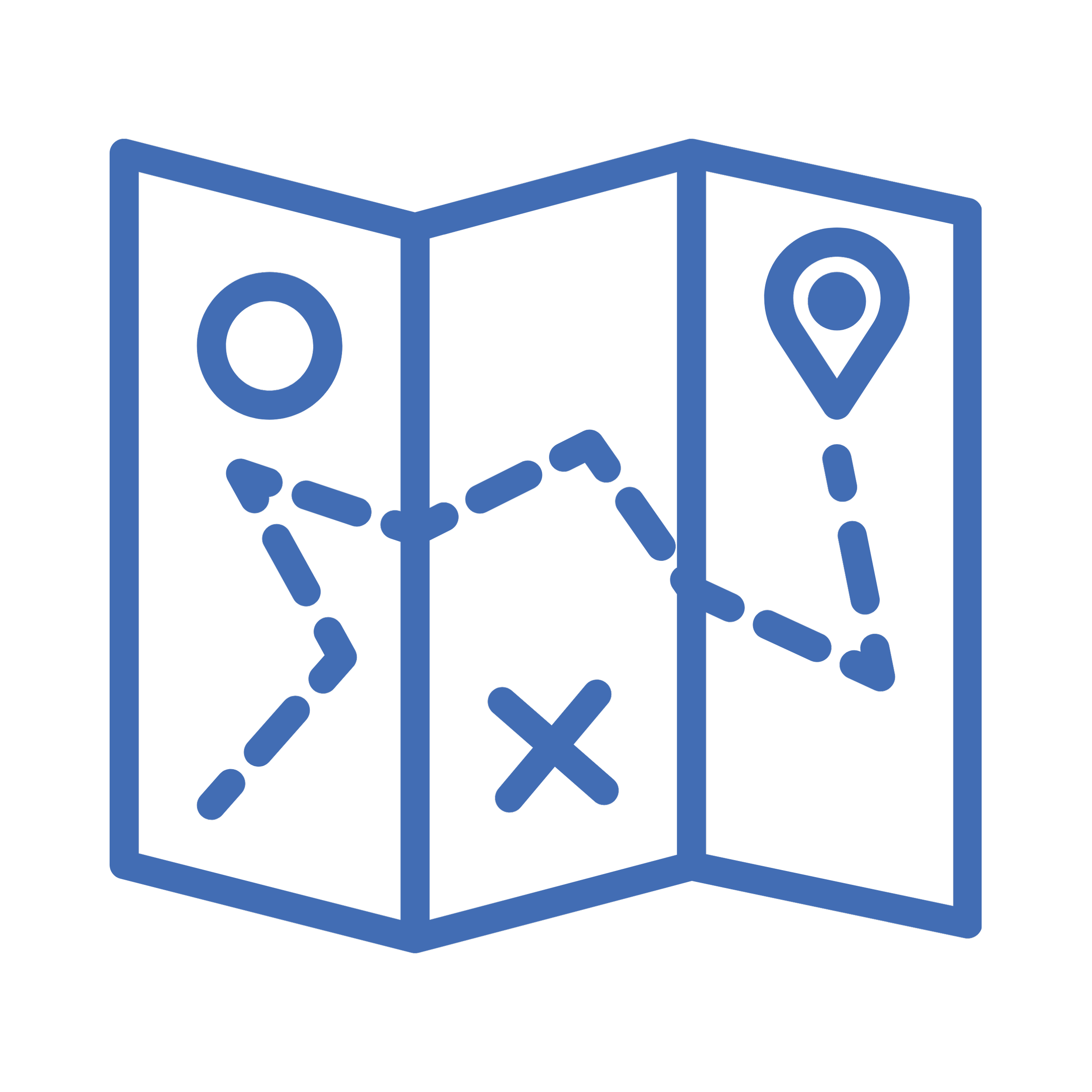 Line drawing of a 3D cube with a location pin and scattered shapes inside, rendered in blue outlines.