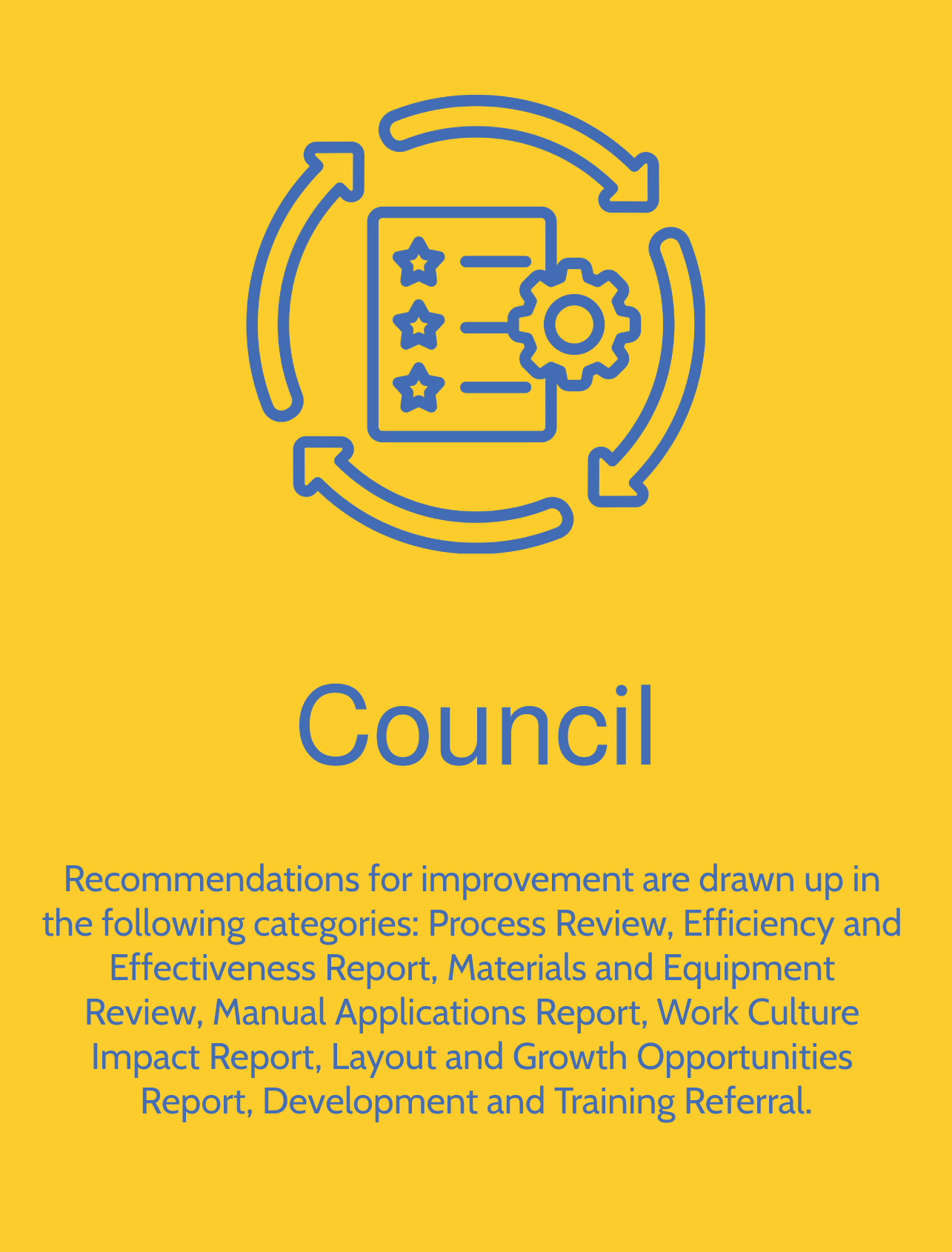 Yellow background with a blue line drawing of a document with stars and a gear, surrounded by circular arrows, and the word 'Council' written below.