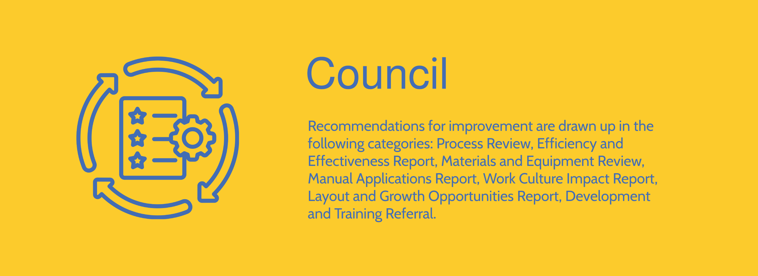 Graphic illustration of a checklist and gear inside a circular arrow, next to the heading 'Council' and a paragraph describing categories for improvement reports.