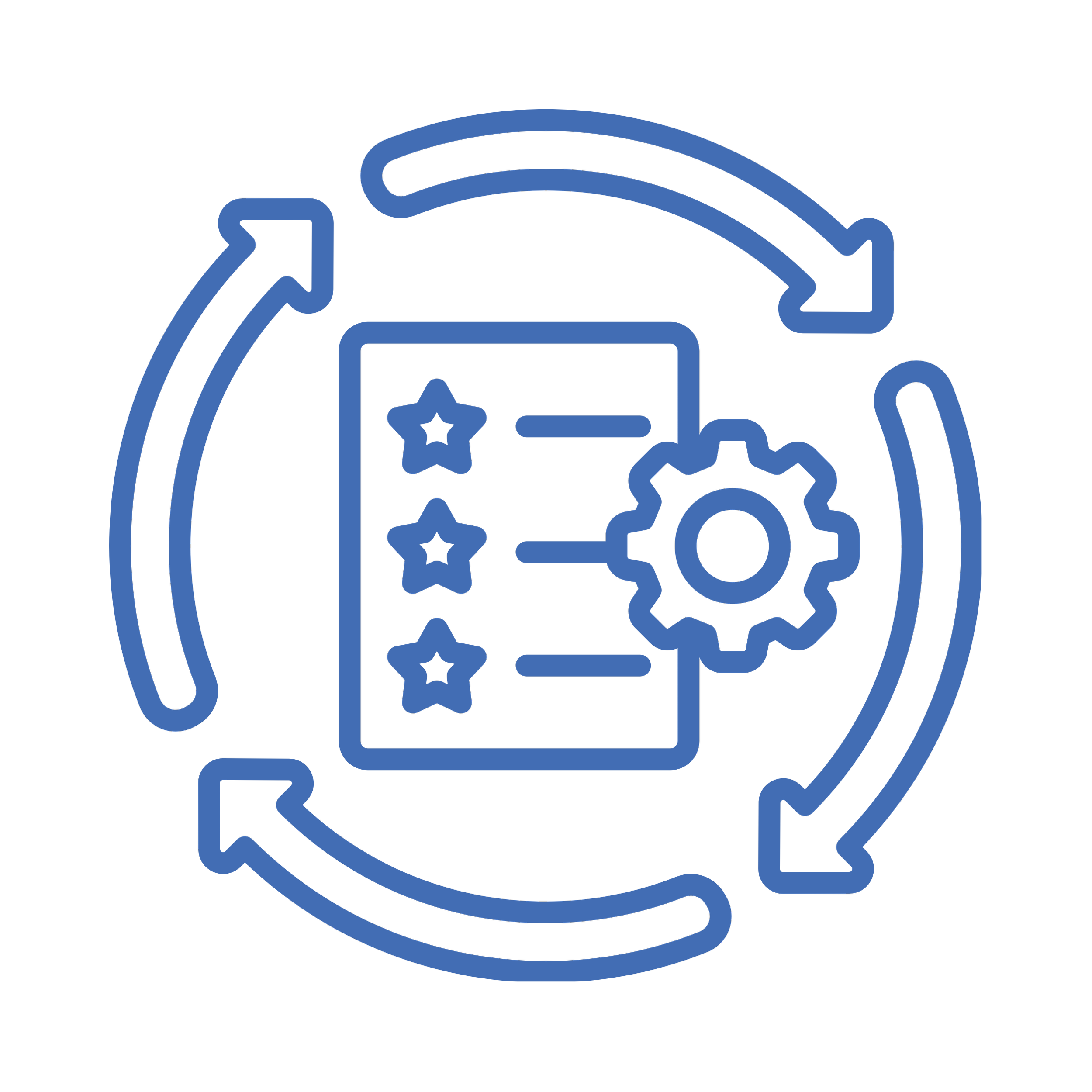 Outline of a person wearing a virtual reality headset with a smartphone in front, displaying stars, a star, and a gear icon.