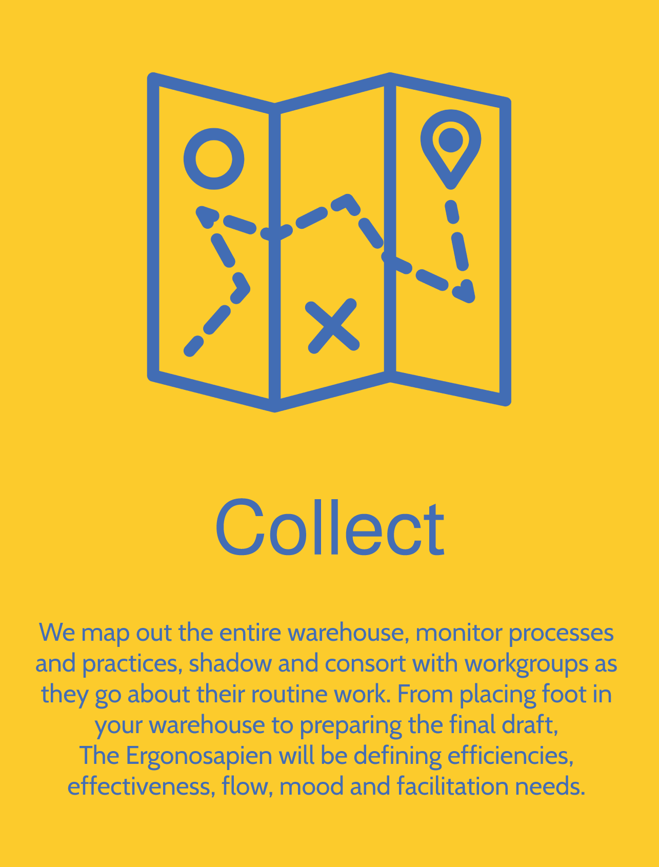 Icon of a map with a dashed path connecting two points, labeled 'Collect' below, on a yellow background.