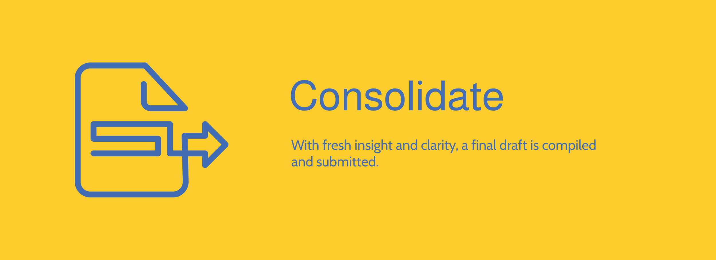 Yellow background with blue outline of a document and arrow. Text reads 'Consolidate' with smaller text below: 'With fresh insight and clarity, a final draft is compiled and submitted.'