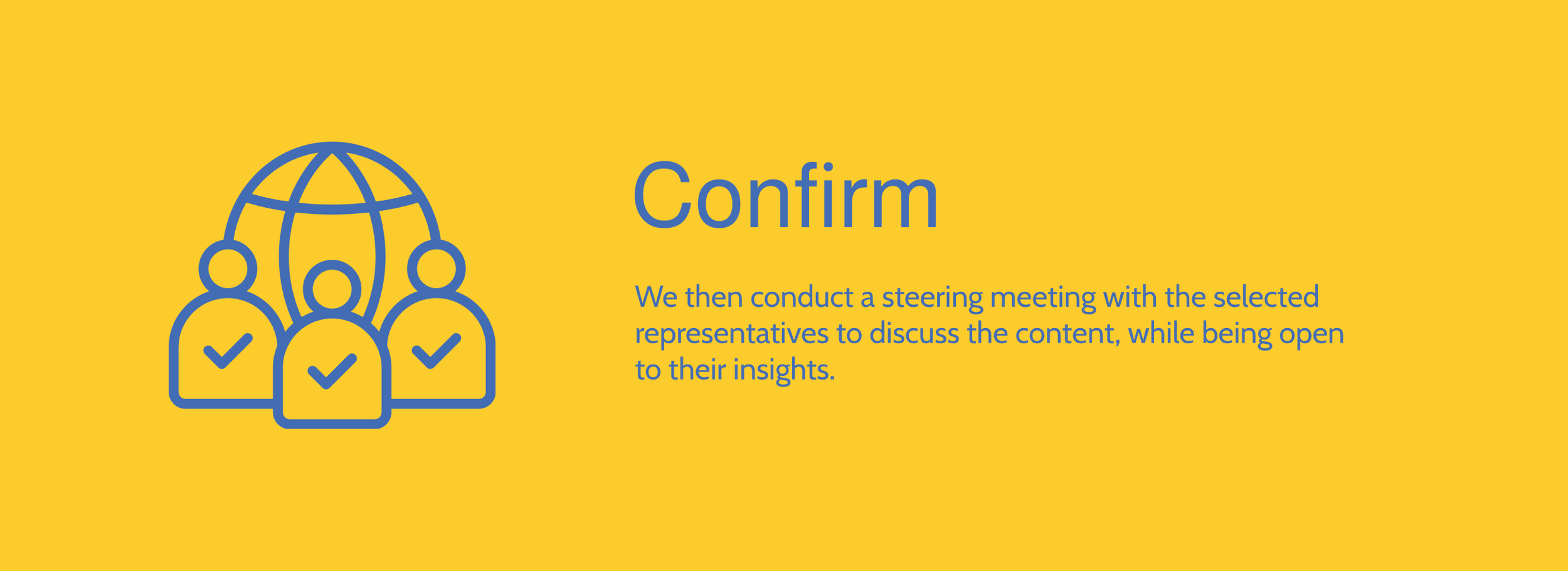 Yellow background with a blue outline illustration of three people with check marks on their chests and a globe above them. Text reads 'Confirm' and 'We then conduct a steering meeting with the selected representatives to discuss the content, while being open to their insights.'